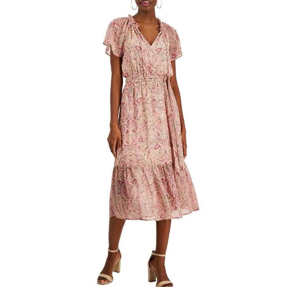 INTERNATIONAL CONCEPTS Women's Midi Dress Size 8 Pink Blush Chiffon Paisley NWT - Picture 1 of 12